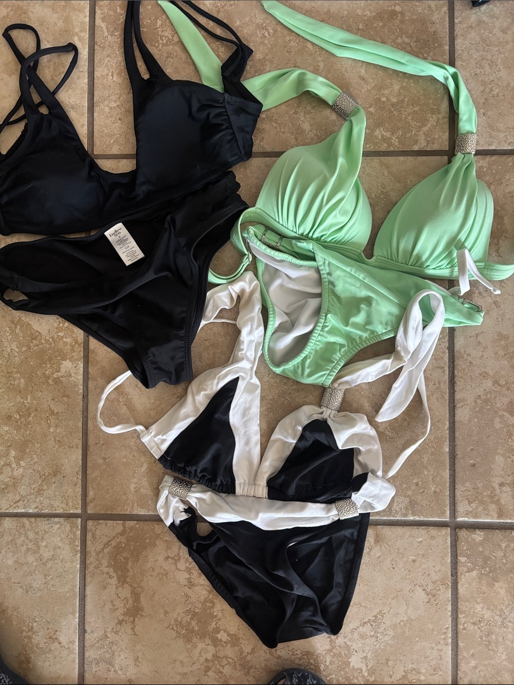 3-Piece Bikini Set - Black, Mint Green & Black/White size Small